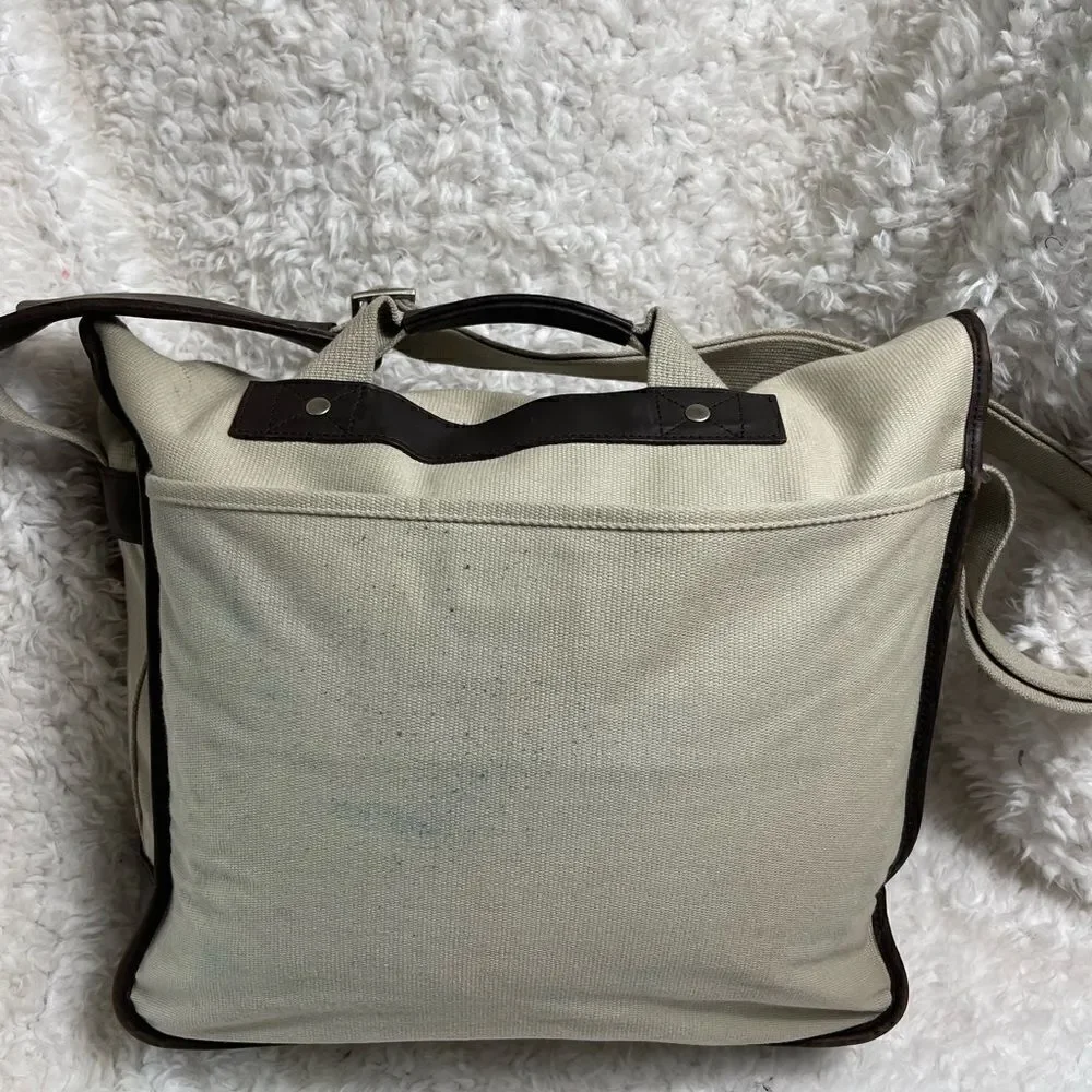 Unisex Banana Republic large messenger bag taupe canvas & Brown leather trims